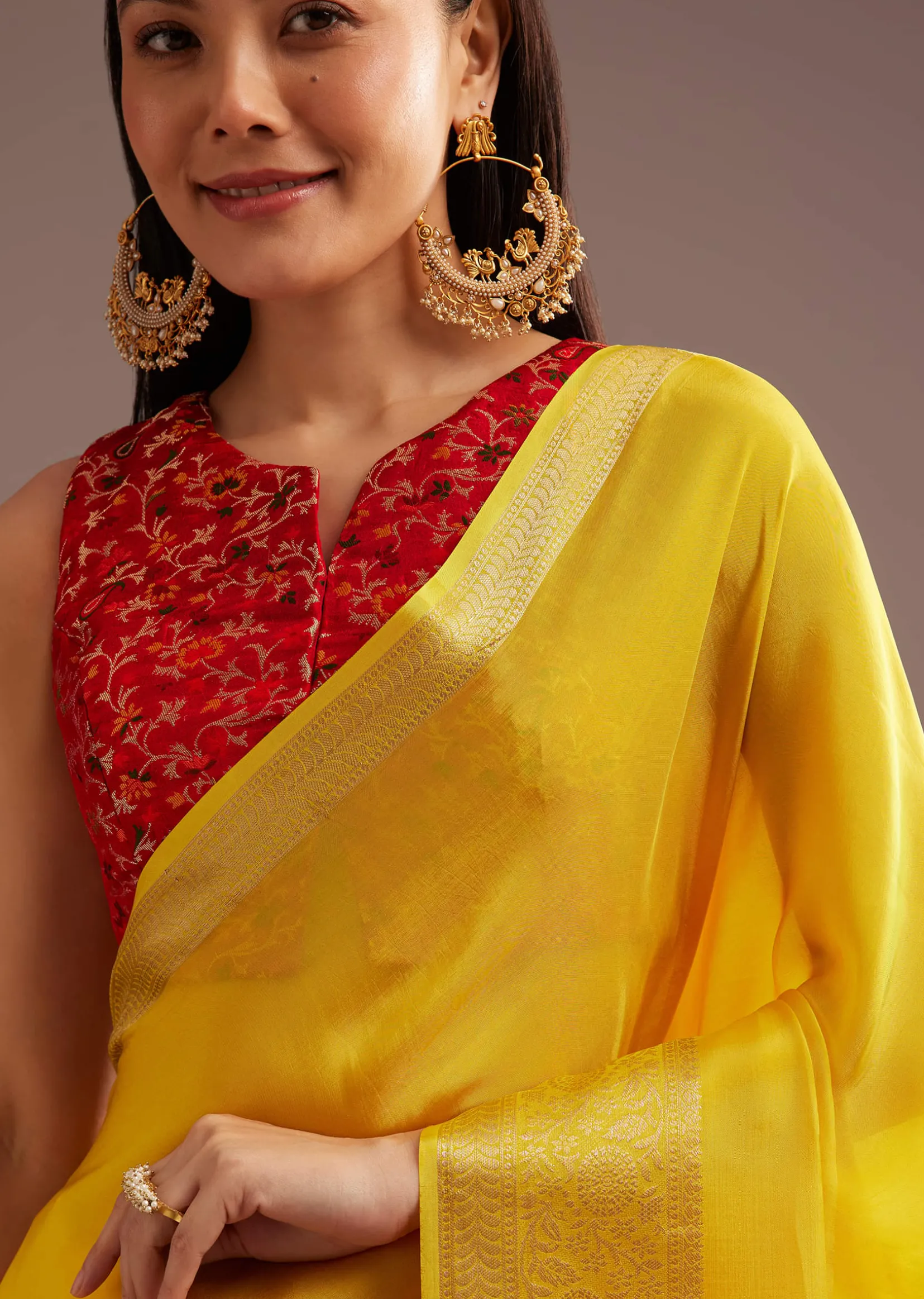 Mustard Yellow Crepe Silk Saree With Zari Border And Contrast Blouse