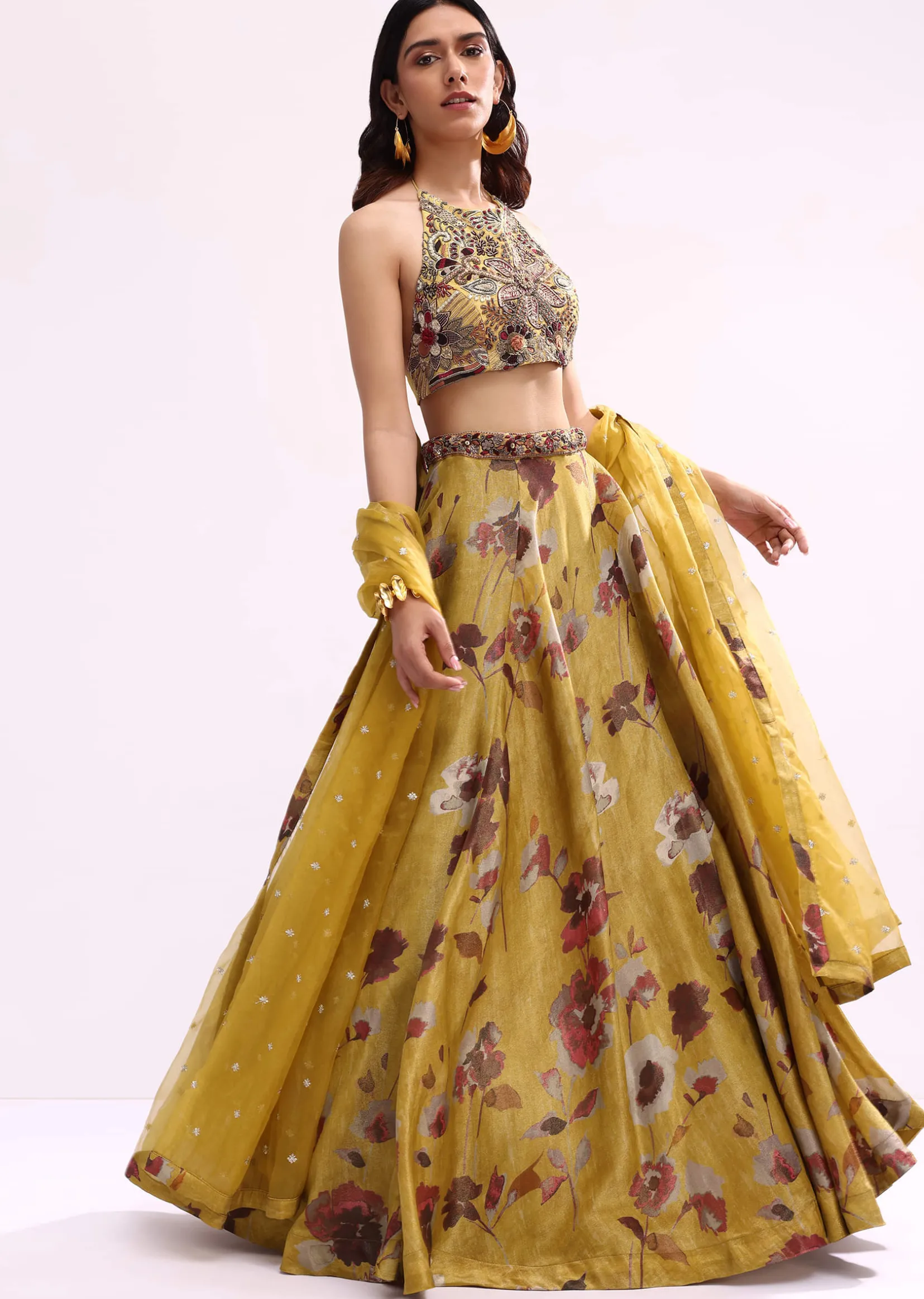 Mustard Yellow Embroidered Tissue Lehenga Choli Set