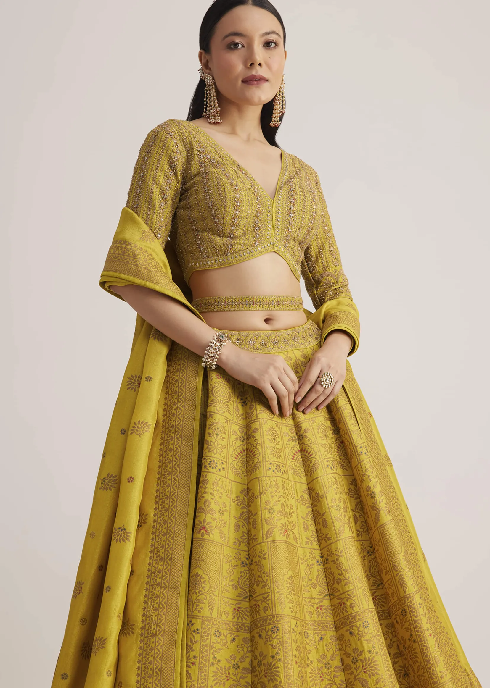 Mustard Yellow Embroidered Lehenga Set With Matching Dupatta
