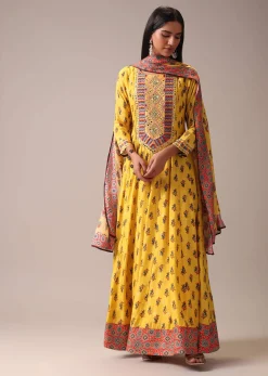 Mustard Yellow Floral Printed Anarkali Suit Set In Art Silk