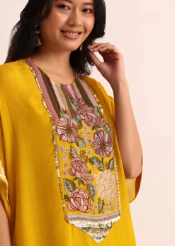 Mustard Yellow Georgette Skirt And Cape In Resham Work