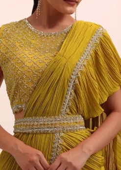 Mustard Yellow Georgette Pre Stitched Frill Saree With Embellished Blouse
