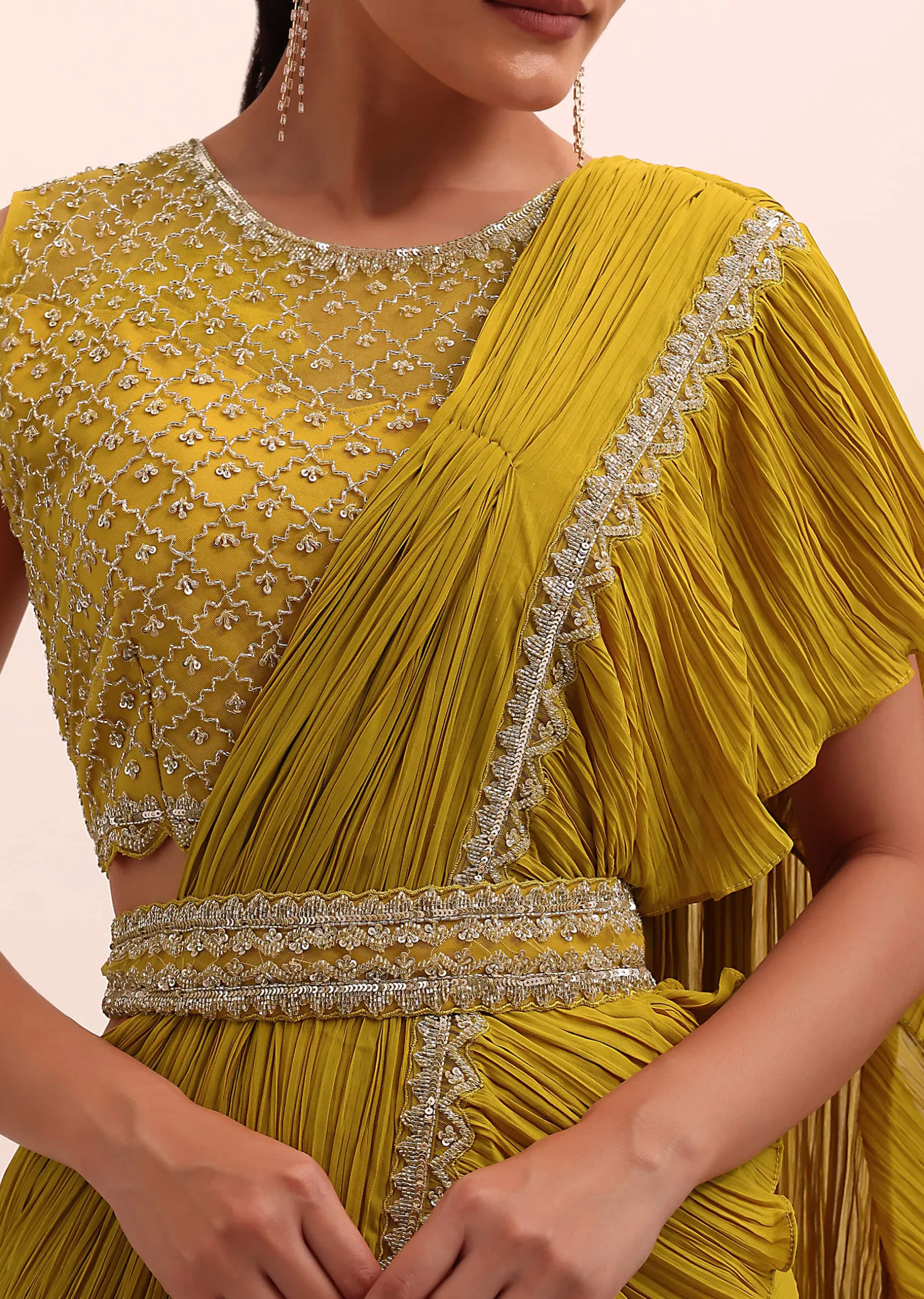Mustard Yellow Georgette Pre Stitched Frill Saree With Embellished Blouse