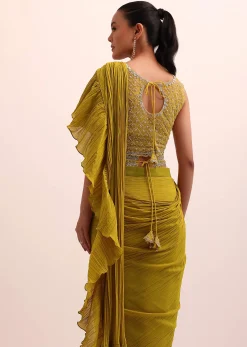 Mustard Yellow Georgette Pre Stitched Frill Saree With Embellished Blouse