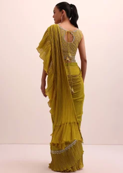 Mustard Yellow Georgette Pre Stitched Frill Saree With Embellished Blouse