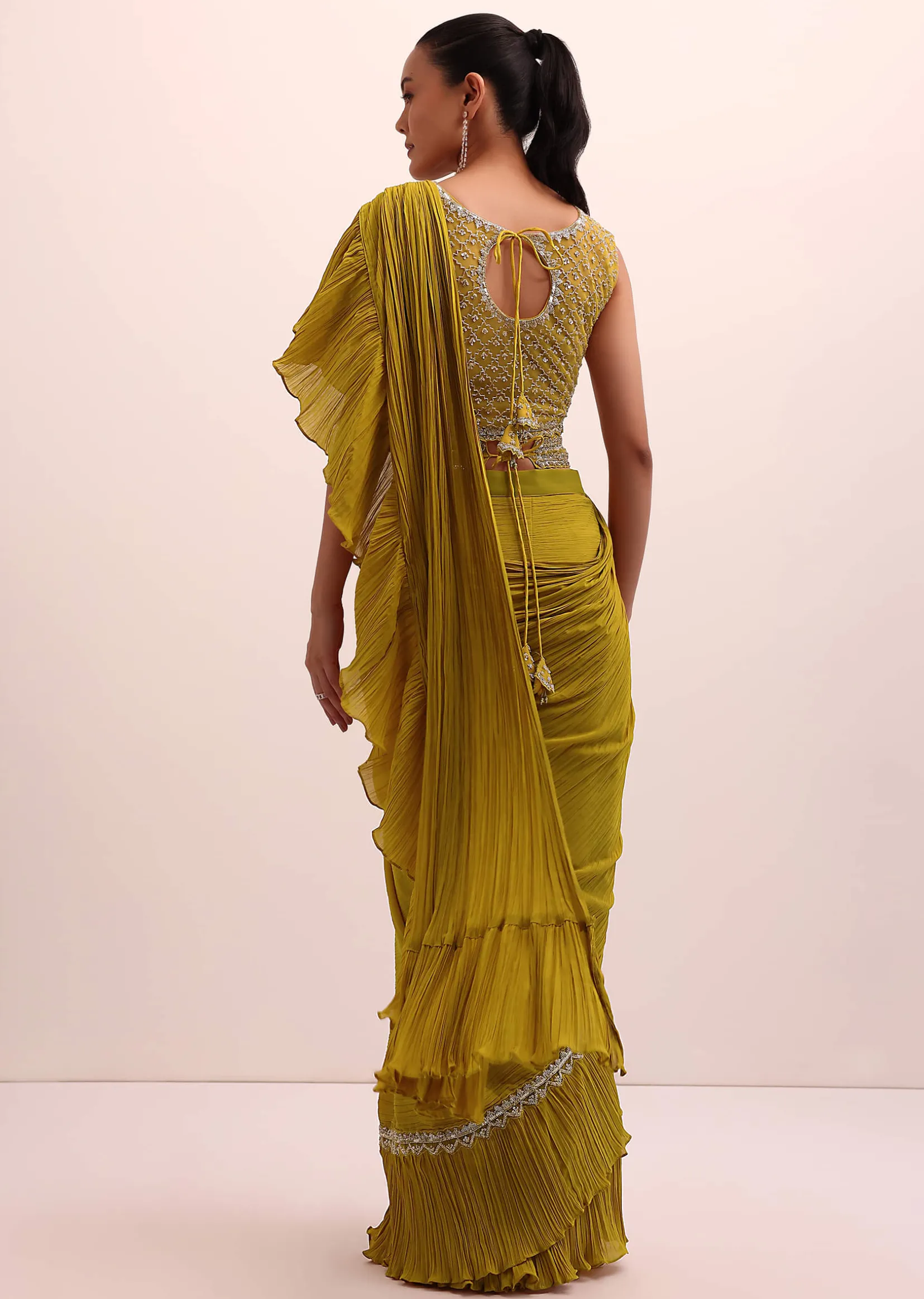 Mustard Yellow Georgette Pre Stitched Frill Saree With Embellished Blouse