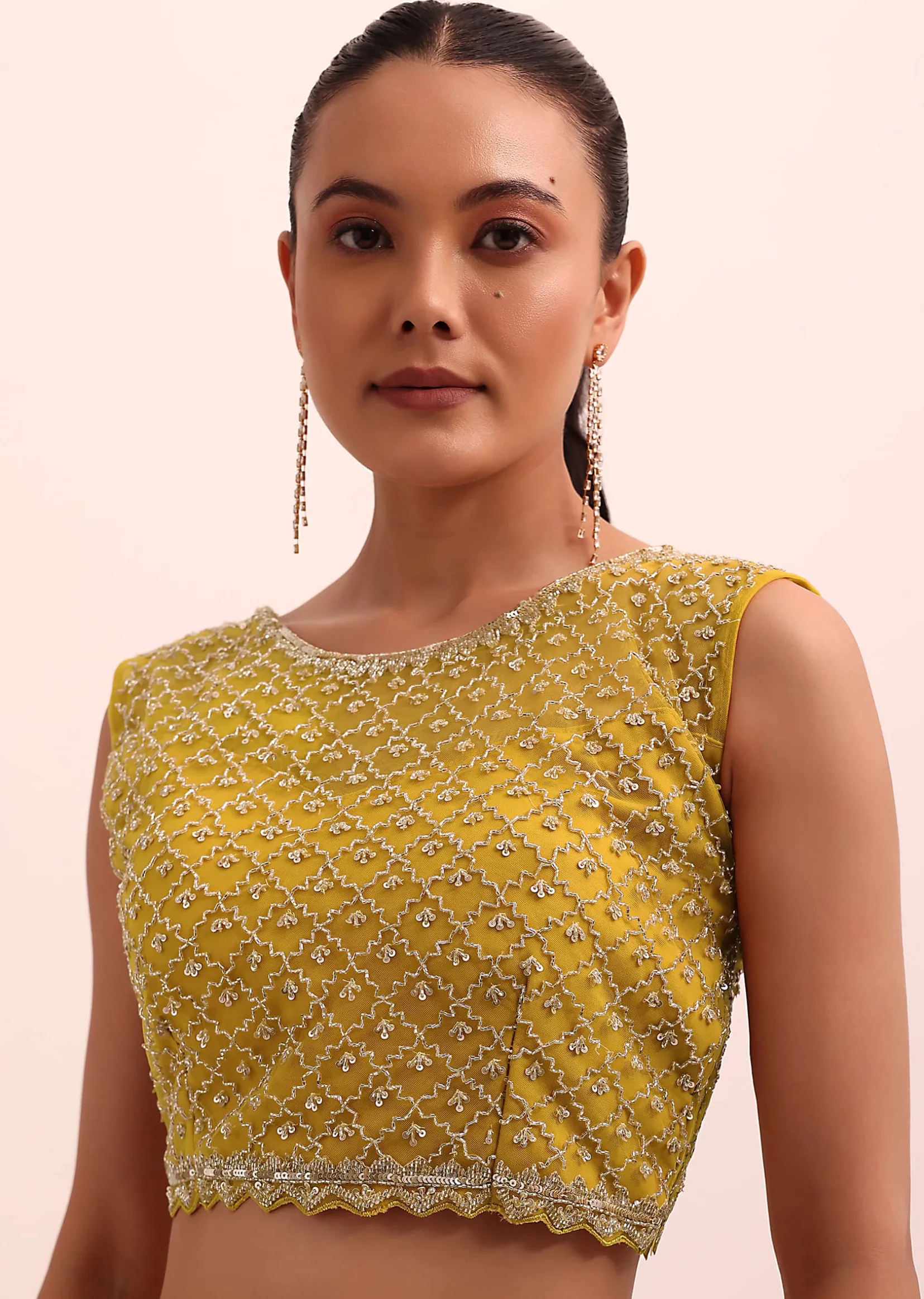 Mustard Yellow Georgette Pre Stitched Frill Saree With Embellished Blouse