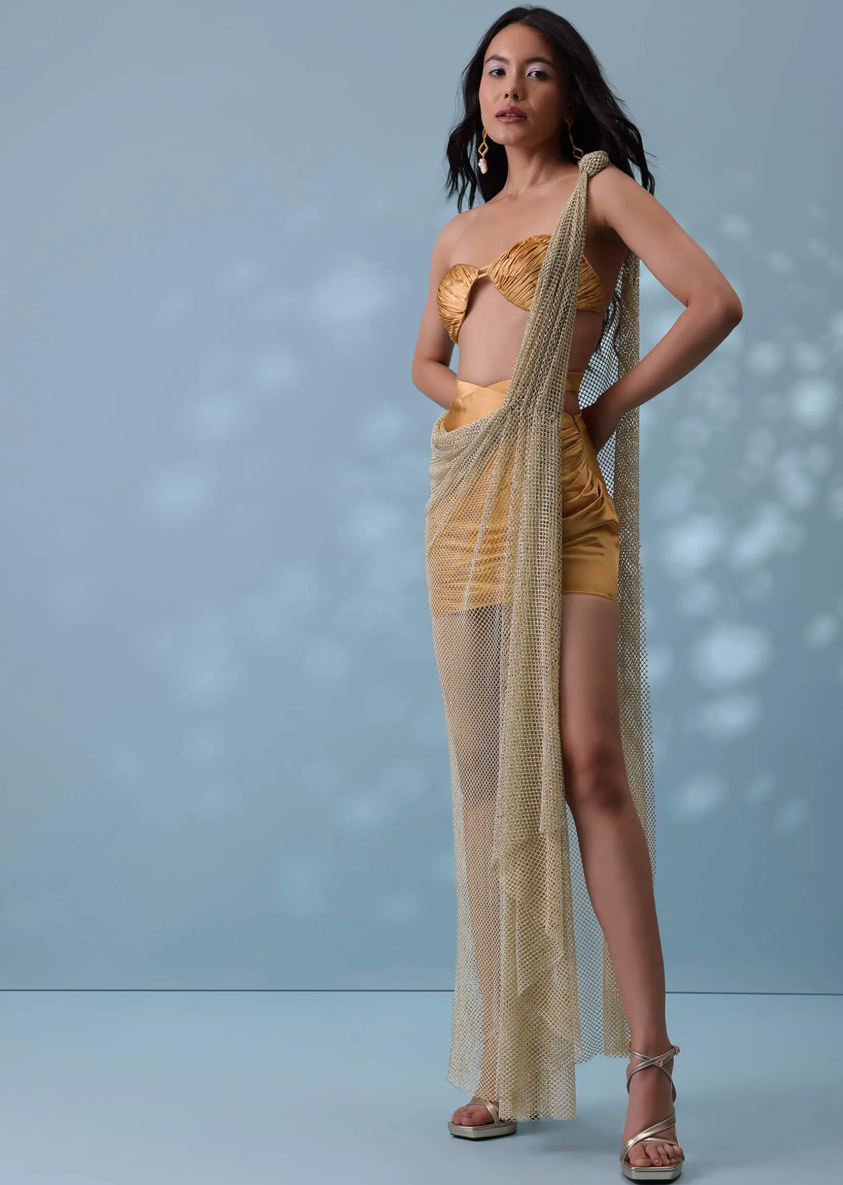 Mustard Yellow Indowestern Skirt And Top Set With Mesh Pleated Drape