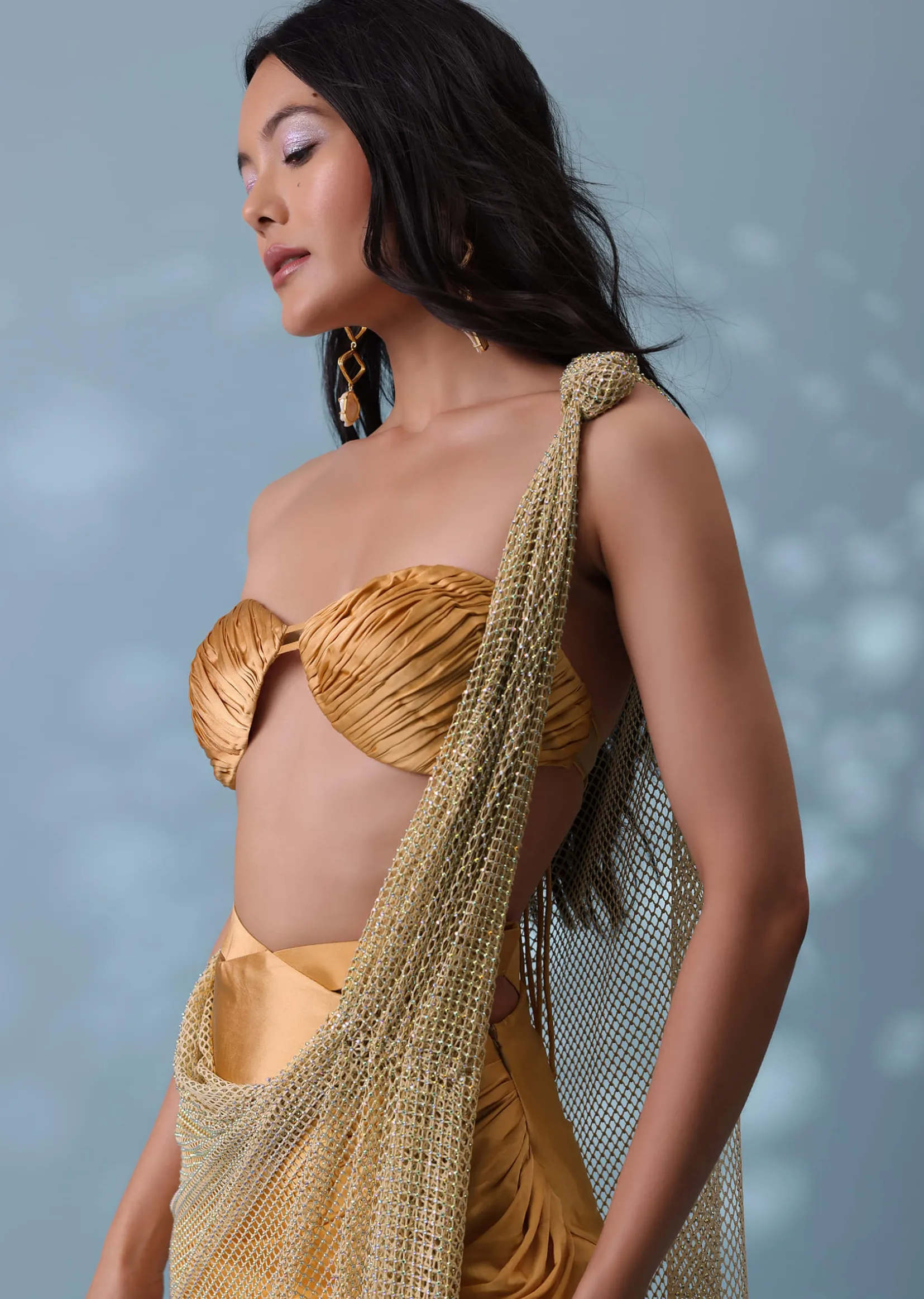 Mustard Yellow Indowestern Skirt And Top Set With Mesh Pleated Drape