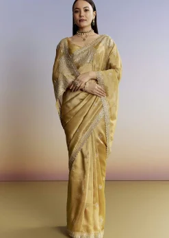 Mustard Yellow Jacquard Tissue Saree With Zigzag Zardosi Work