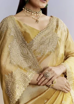 Mustard Yellow Jacquard Tissue Saree With Zigzag Zardosi Work
