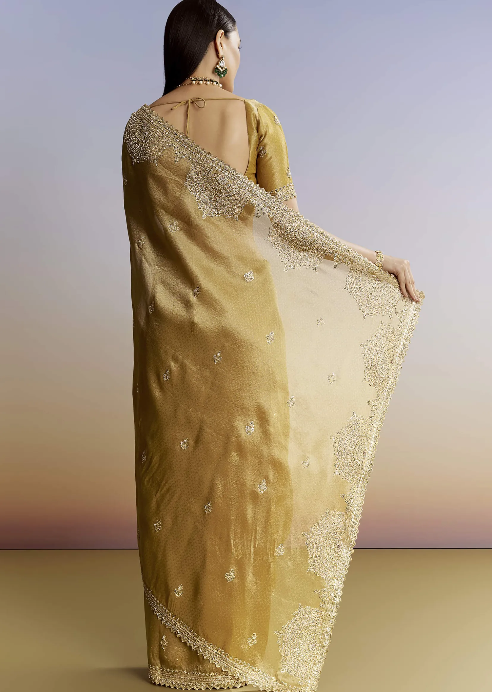 Mustard Yellow Jacquard Tissue Saree With Zigzag Zardosi Work