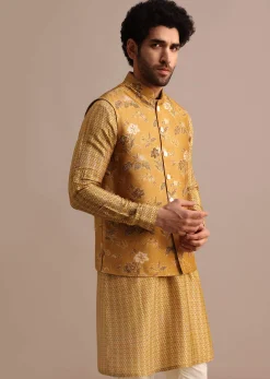 Mustard Yellow Kurta Jacket Set With Floral Cutdana Embroidery
