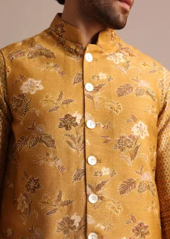 Mustard Yellow Kurta Jacket Set With Floral Cutdana Embroidery