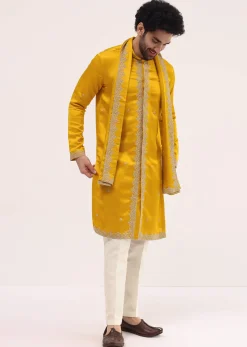 Mustard Yellow Kurta Set In Resham Work With Dupatta For Men