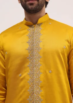 Mustard Yellow Kurta Set In Resham Work With Dupatta For Men