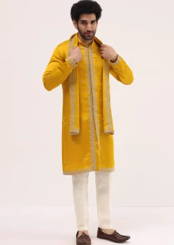 Mustard Yellow Kurta Set In Resham Work With Dupatta For Men