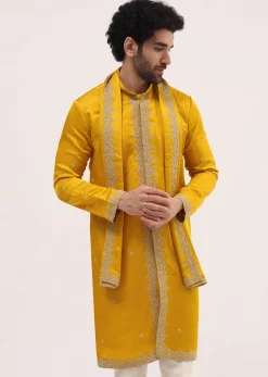 Mustard Yellow Kurta Set In Resham Work With Dupatta For Men