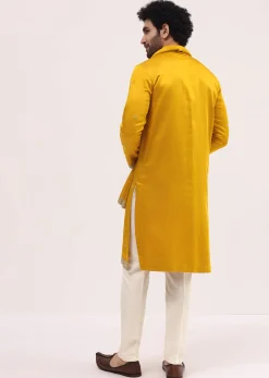 Mustard Yellow Kurta Set In Resham Work With Dupatta For Men