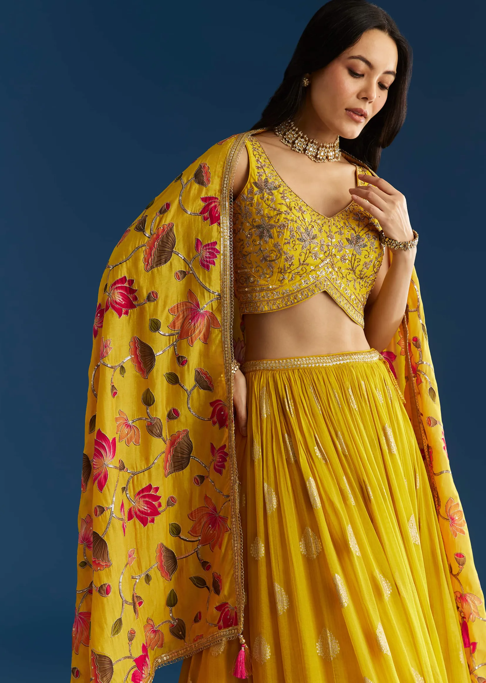 Mustard Yellow Lehenga Set With Zardosi Sequins Choli And Printed Dupatta