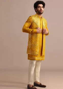Mustard Yellow Mirror Embroidered Silk Kurta Jacket Set For Men