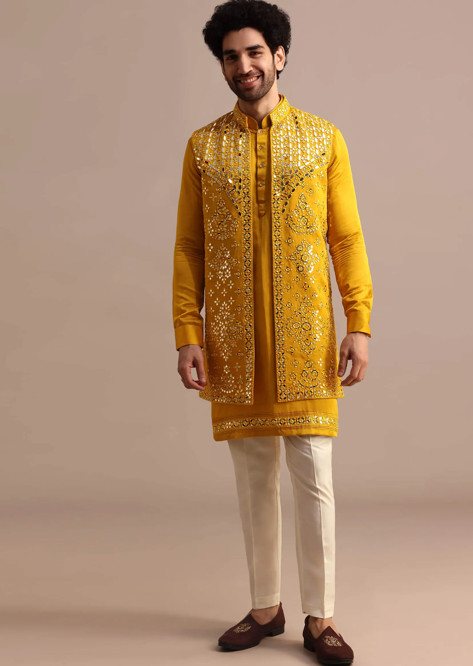 Mustard Yellow Mirror Embroidered Silk Kurta Jacket Set For Men