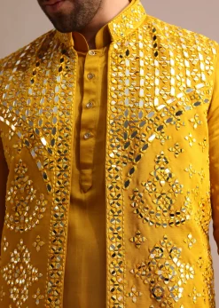 Mustard Yellow Mirror Embroidered Silk Kurta Jacket Set For Men