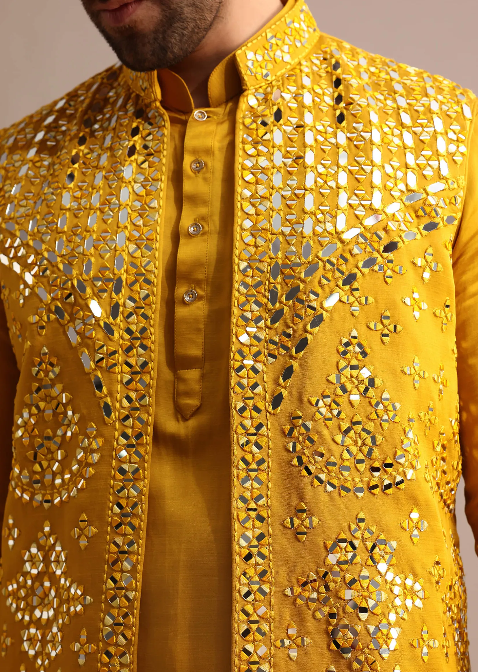 Mustard Yellow Mirror Embroidered Silk Kurta Jacket Set For Men