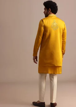 Mustard Yellow Mirror Embroidered Silk Kurta Jacket Set For Men