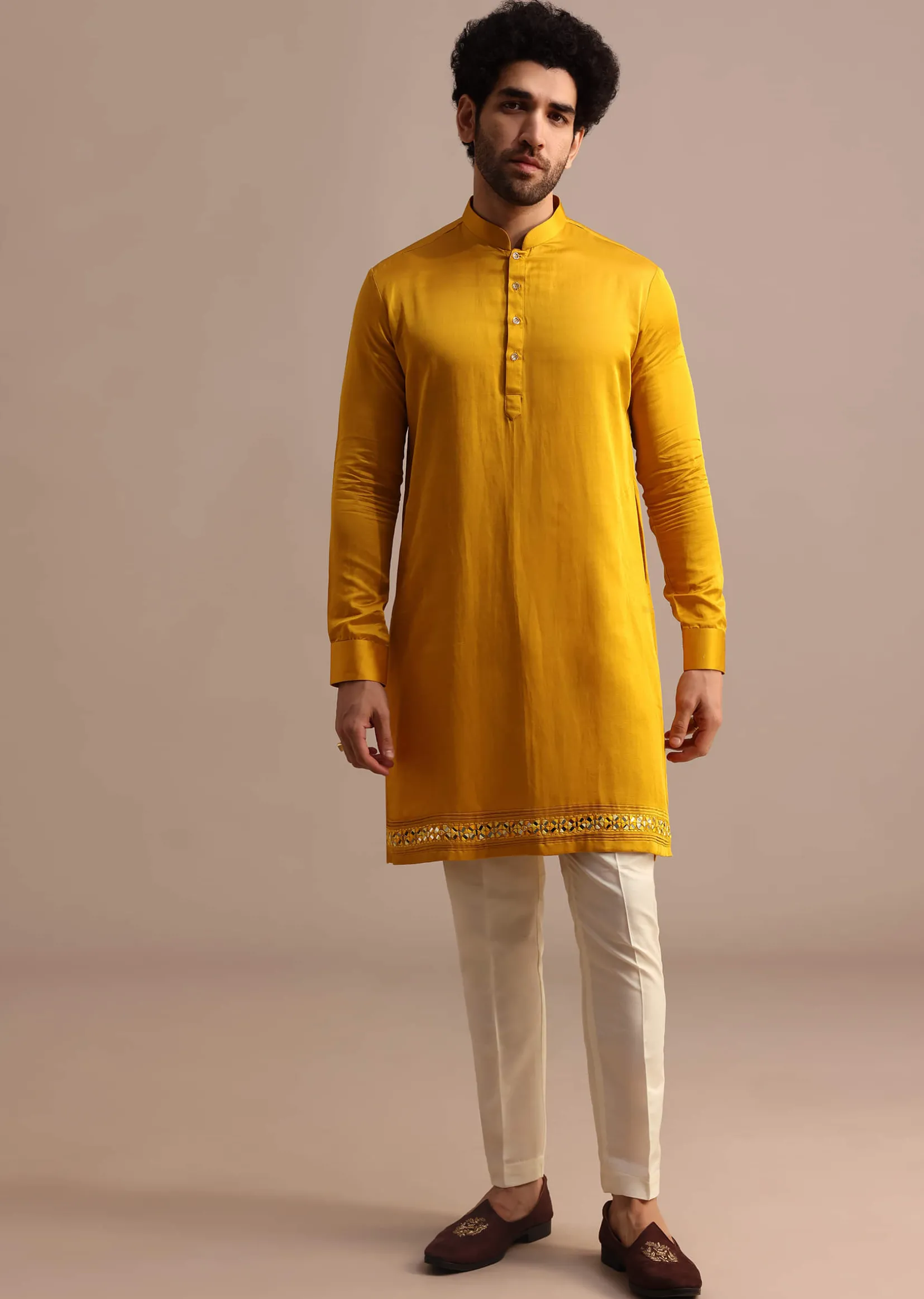 Mustard Yellow Mirror Embroidered Silk Kurta Jacket Set For Men