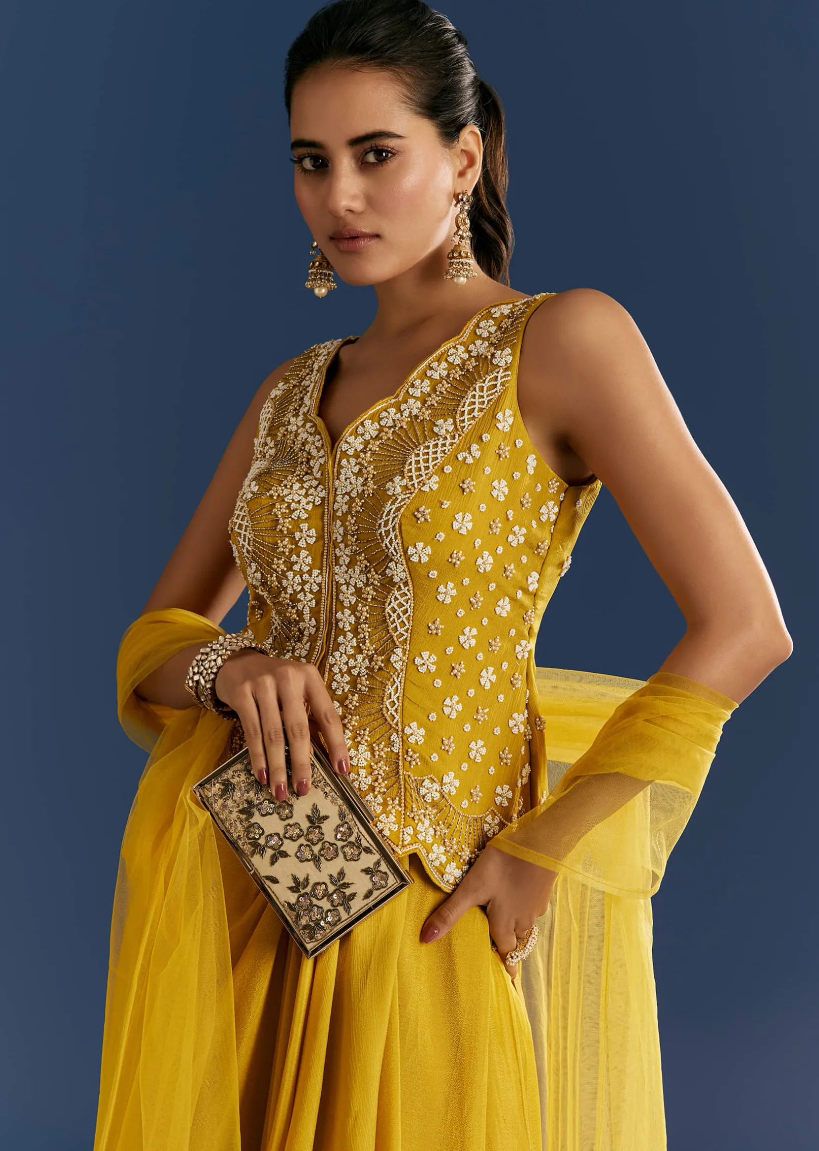 Mustard Yellow Moti Embroidered Kurta Skirt With Dupatta