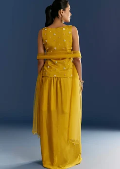 Mustard Yellow Moti Embroidered Kurta Skirt With Dupatta