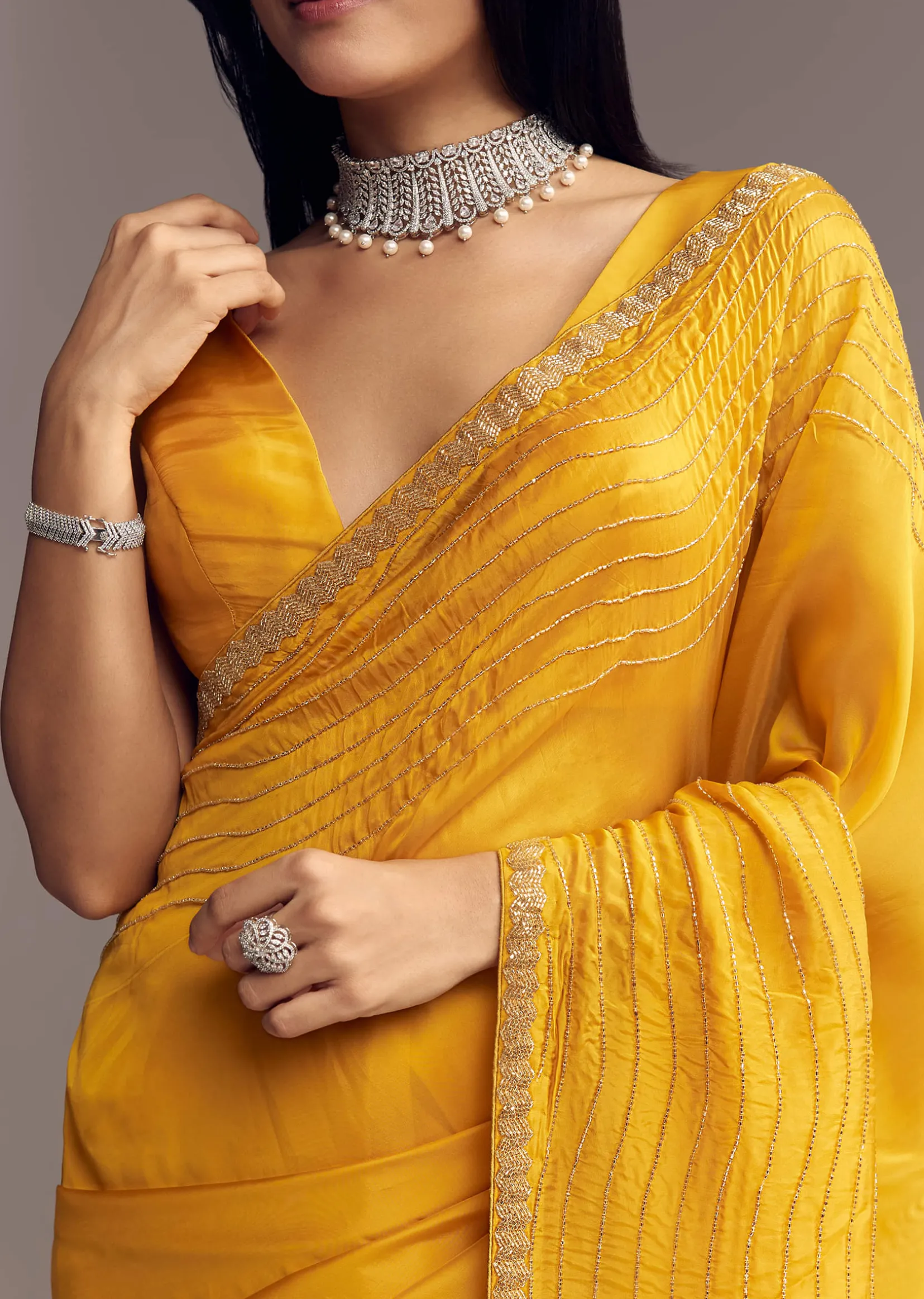 Mustard Yellow Organza Saree With Scallop Border And Stone Work
