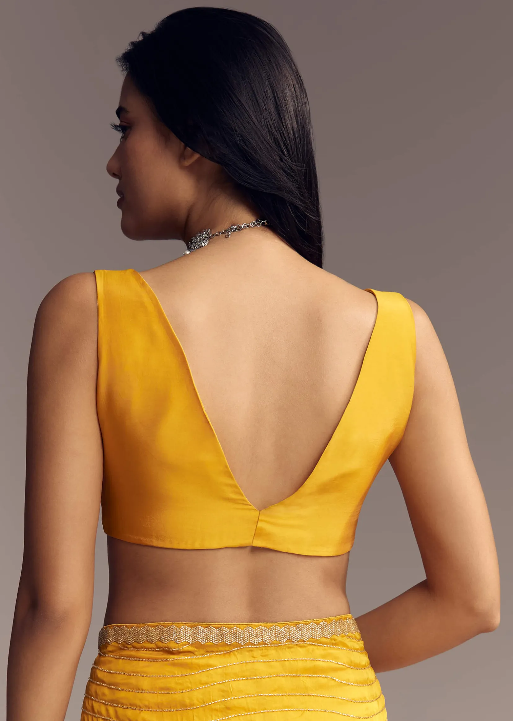 Mustard Yellow Organza Saree With Scallop Border And Stone Work