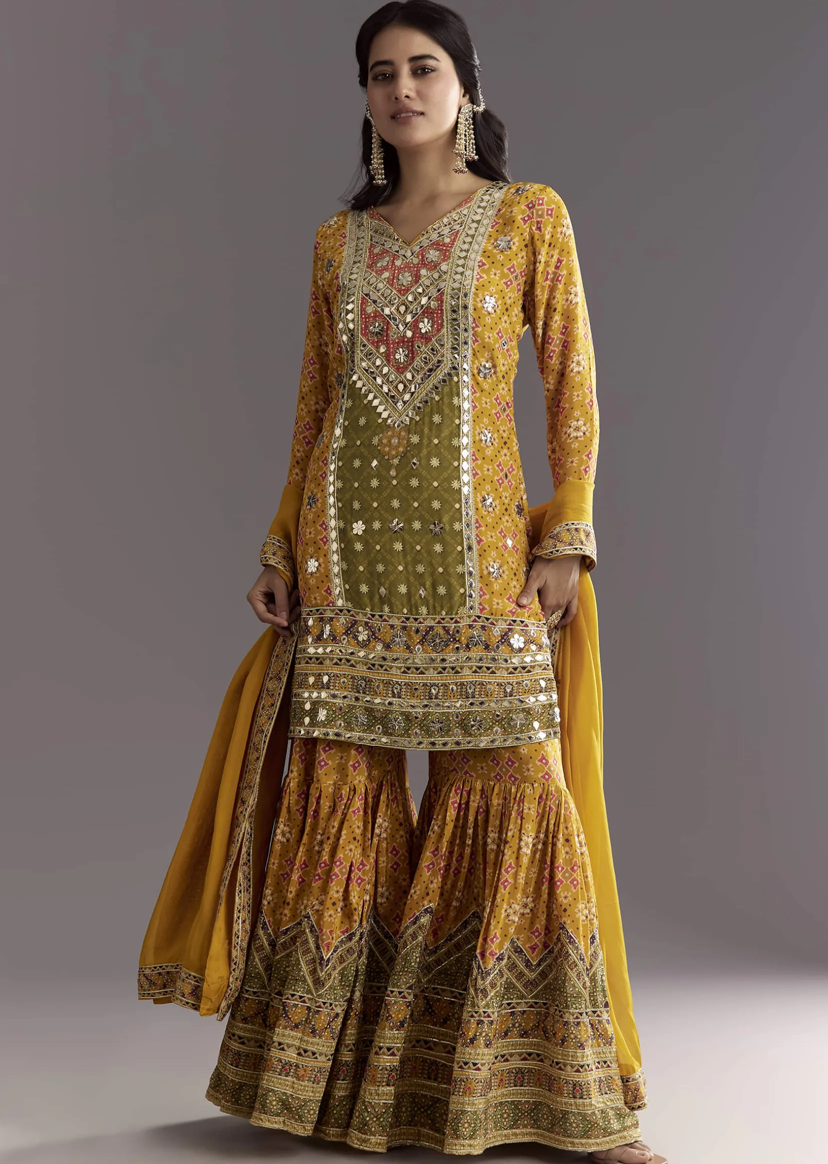 Mustard Yellow Patola Printed Kurta Sharara Suit With Organza Dupatta