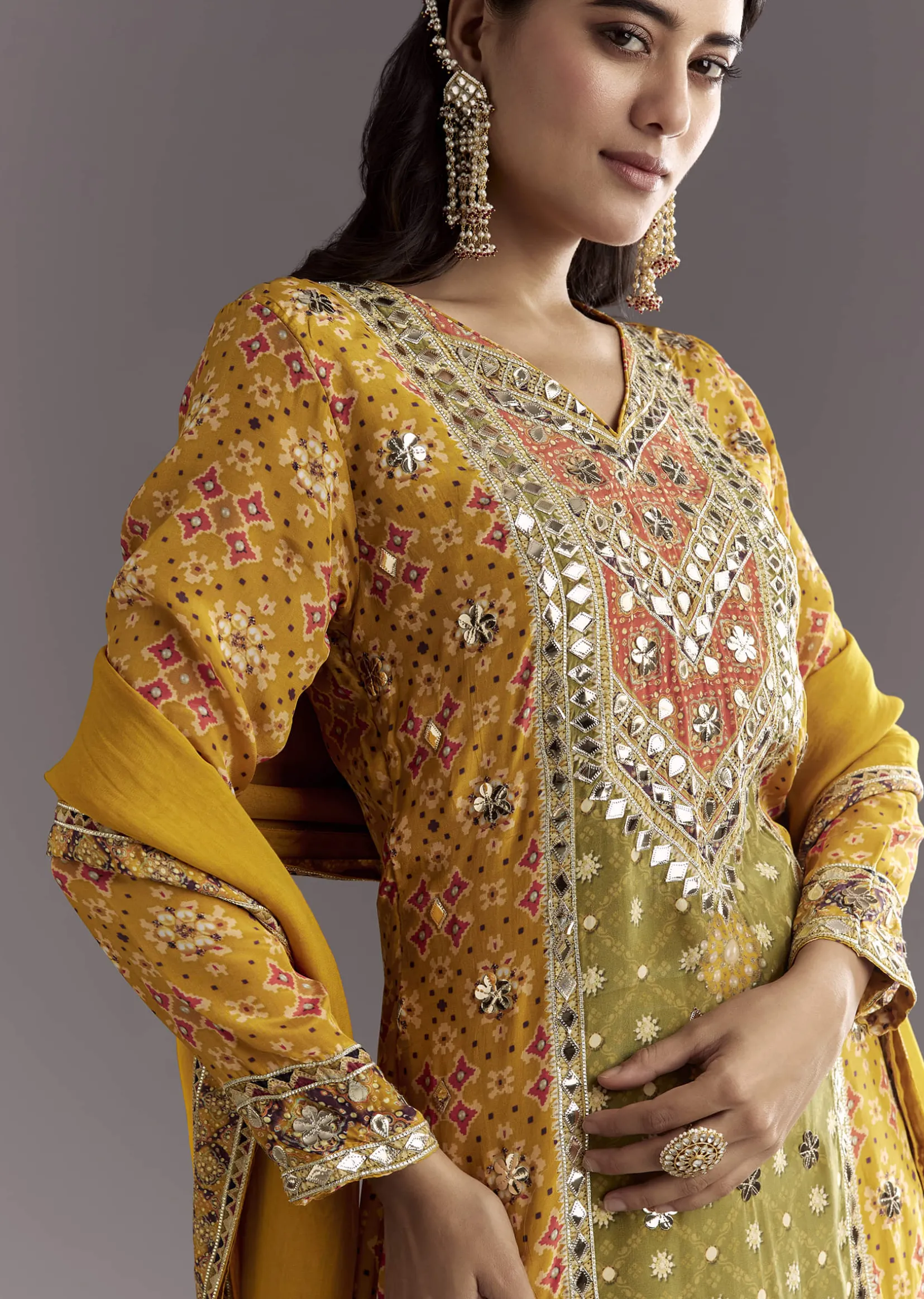 Mustard Yellow Patola Printed Kurta Sharara Suit With Organza Dupatta