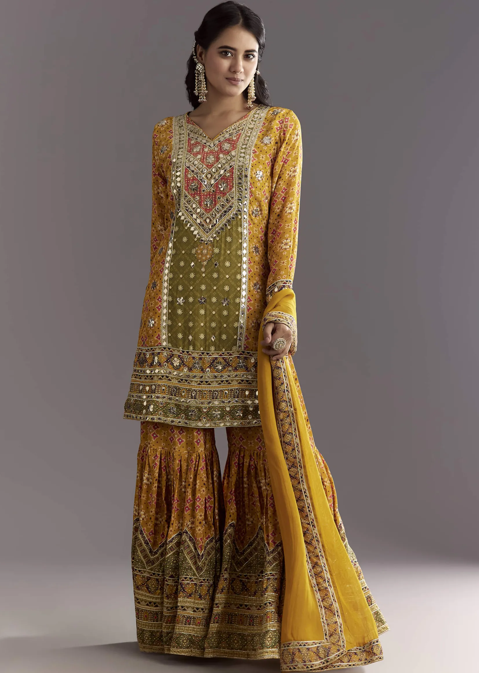 Mustard Yellow Patola Printed Kurta Sharara Suit With Organza Dupatta