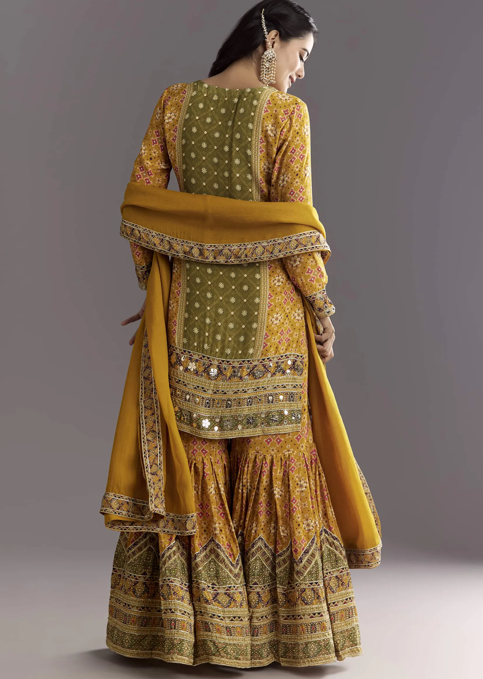 Mustard Yellow Patola Printed Kurta Sharara Suit With Organza Dupatta