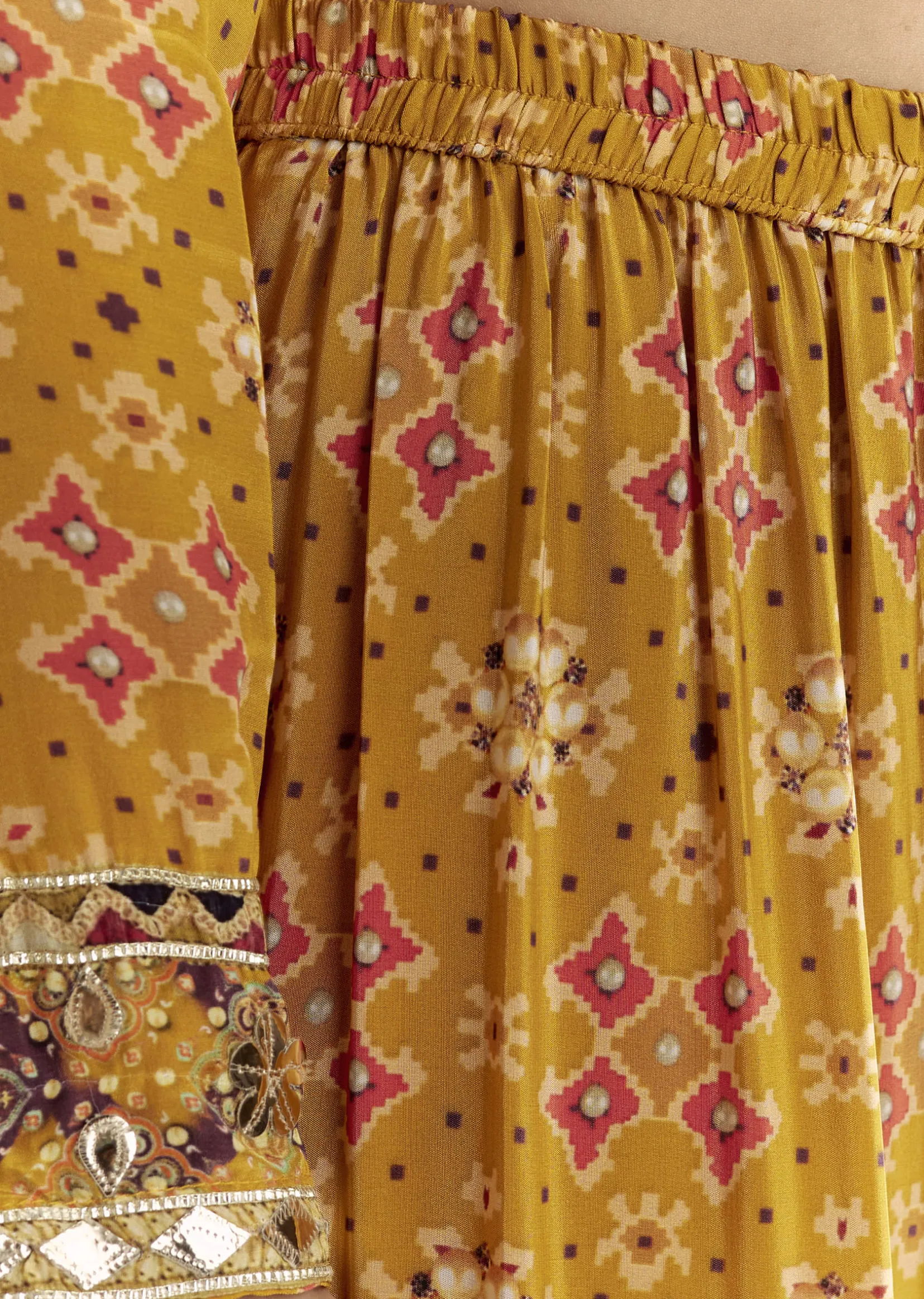 Mustard Yellow Patola Printed Kurta Sharara Suit With Organza Dupatta