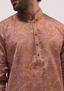 Mustard Yellow Printed Silk Kurta Pyjama For Men