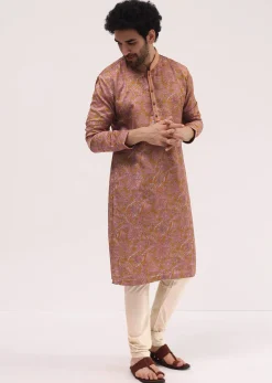 Mustard Yellow Printed Silk Kurta Pyjama For Men
