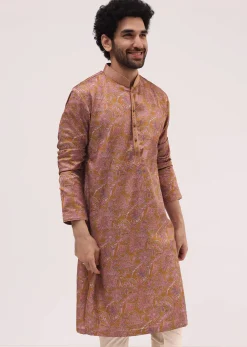 Mustard Yellow Printed Silk Kurta Pyjama For Men