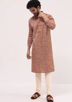Mustard Yellow Printed Silk Kurta Pyjama For Men