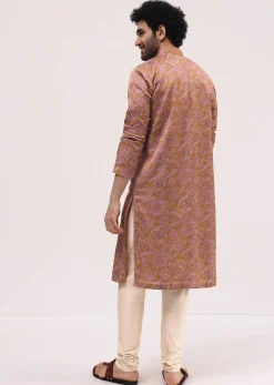 Mustard Yellow Printed Silk Kurta Pyjama For Men