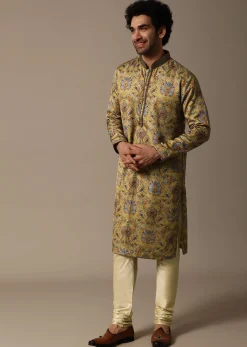 Mustard Yellow Printed Silk Kurta Set For Men