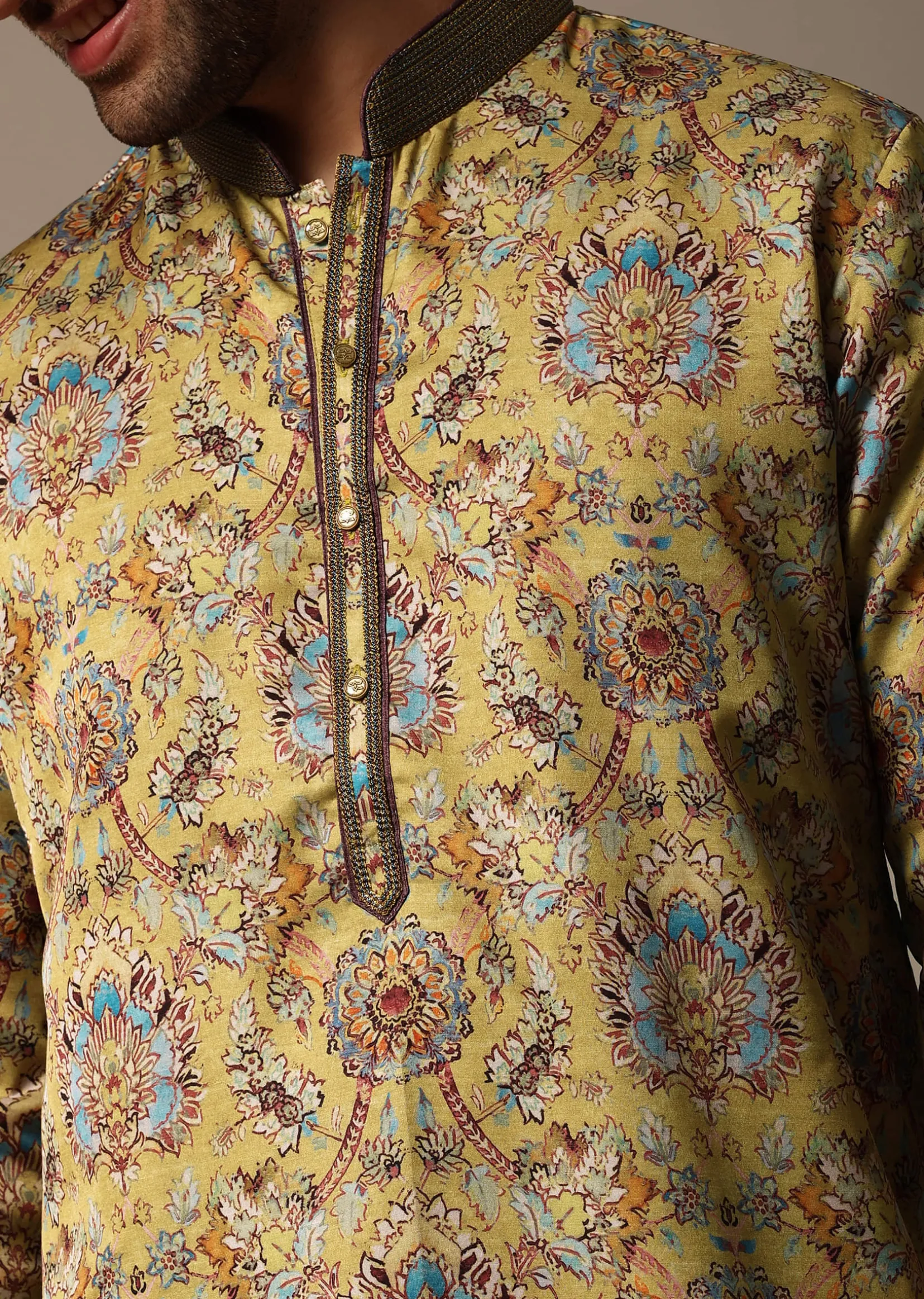 Mustard Yellow Printed Silk Kurta Set For Men
