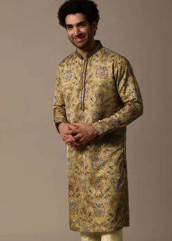 Mustard Yellow Printed Silk Kurta Set For Men