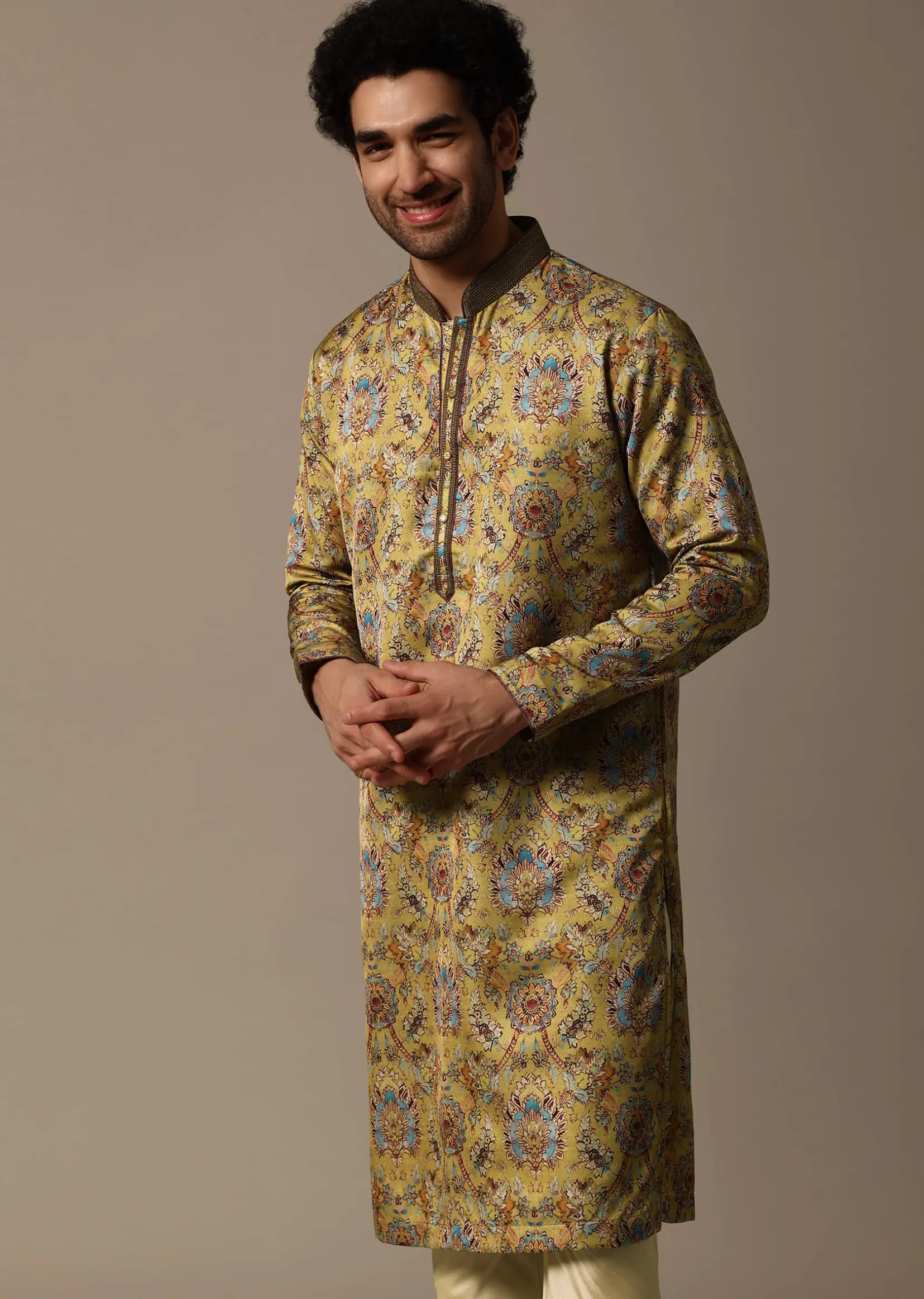 Mustard Yellow Printed Silk Kurta Set For Men