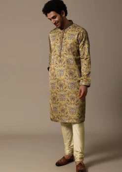 Mustard Yellow Printed Silk Kurta Set For Men