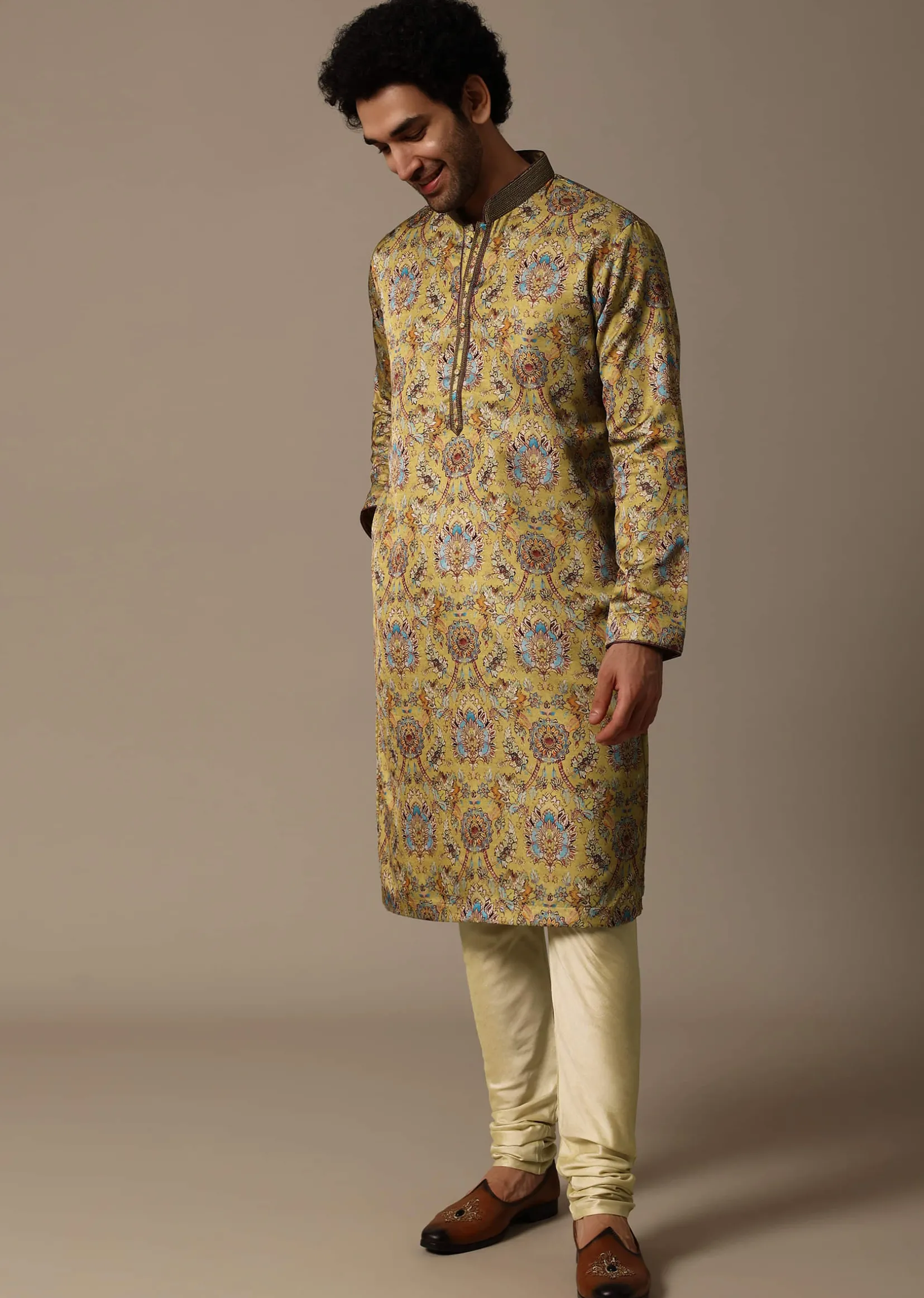 Mustard Yellow Printed Silk Kurta Set For Men